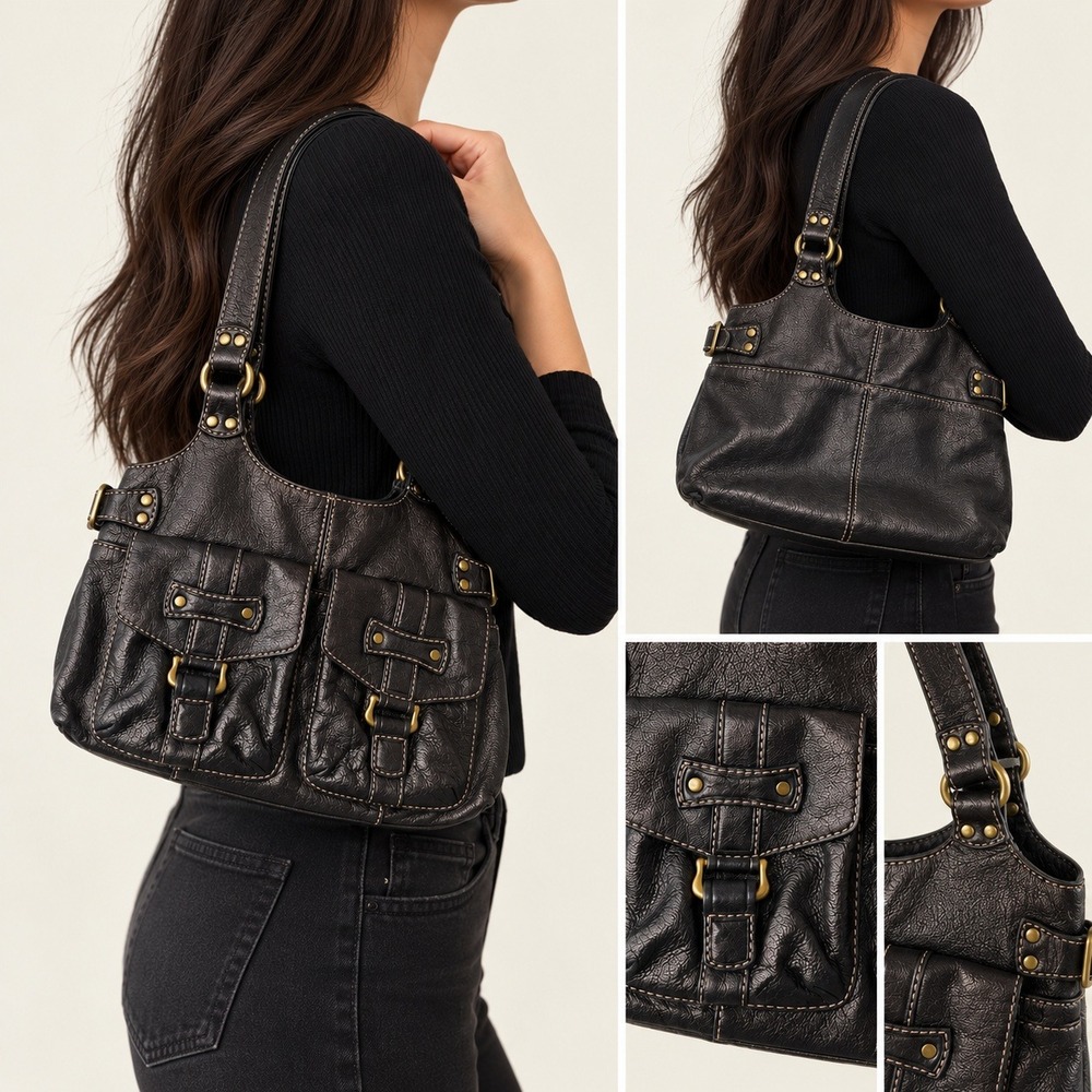 Fossil Vintage 75082 Cargo Pocket Shoulder Bag Brown Metallic Leather Y2K Purse